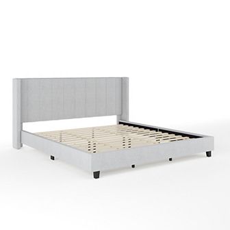Martha Stewart Upholstered Platform Bed with Channel Stitched Wingback Headboard