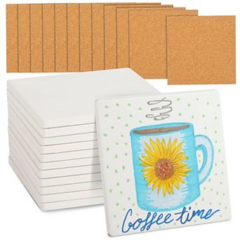 4 in Square Ceramic Tiles For Crafts With Cork Backing Pads, 12 pc Diy Coasters