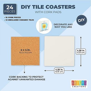 4 In Square Ceramic Tiles For Crafts With Cork Backing Pads, 12 Pck Diy Coasters