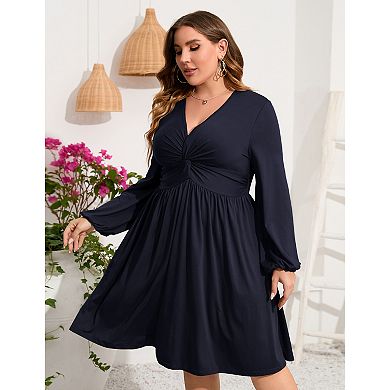 Women's Long Sleeve V Neck Knotted Elastic Front Knee Length Plus Size Midi Dress