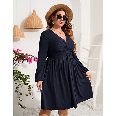 Women's Long Sleeve V Neck Knotted Elastic Front Knee Length Plus Size Midi Dress