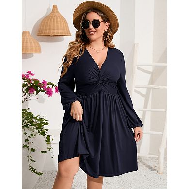 Women's Long Sleeve V Neck Knotted Elastic Front Knee Length Plus Size Midi Dress