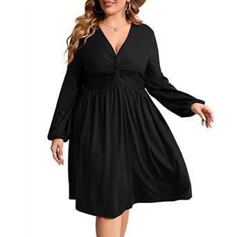 Women's Long Sleeve V Neck Knotted Elastic Front Knee Length Plus Size Midi Dress