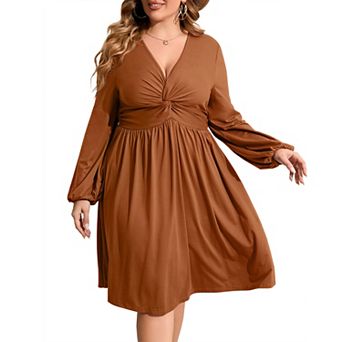 Women's Long Sleeve V Neck Knotted Elastic Front Knee Length Plus Size Midi Dress