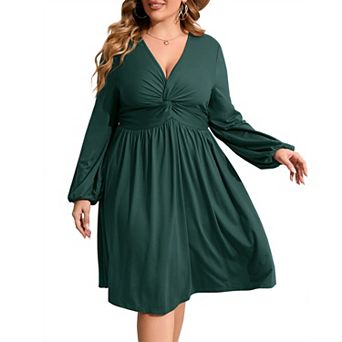 Women's Long Sleeve V Neck Knotted Elastic Front Knee Length Plus Size Midi Dress