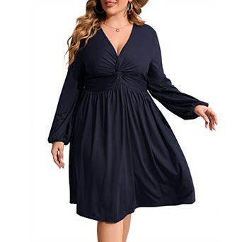 Women's Long Sleeve V Neck Knotted Elastic Front Knee Length Plus Size Midi Dress