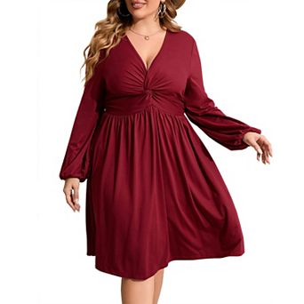 Women's Long Sleeve V Neck Knotted Elastic Front Knee Length Plus Size Midi Dress