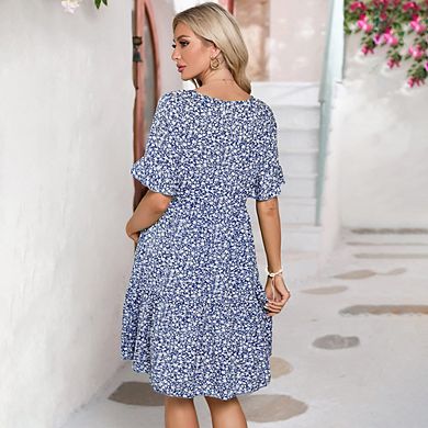 Maternity Mini Dress Womens Casual Babydoll Dress Ruffle Short Sleeve Floral Printed Flowy