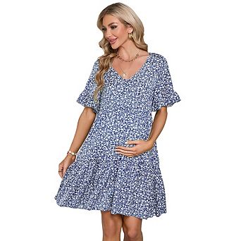 Maternity Mini Dress Womens Casual Babydoll Dress Ruffle Short Sleeve Floral Printed Flowy