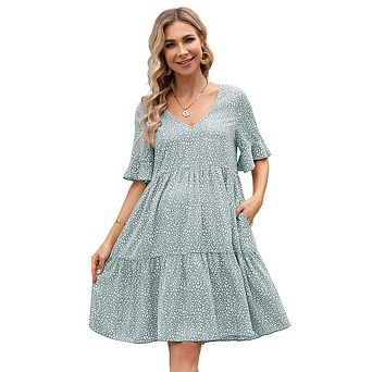 Maternity Mini Dress Womens Casual Babydoll Dress Ruffle Short Sleeve Floral Printed Flowy