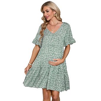 Maternity Mini Dress Womens Casual Babydoll Dress Ruffle Short Sleeve Floral Printed Flowy
