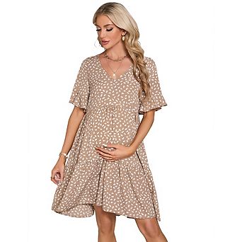 Maternity Mini Dress Womens Casual Babydoll Dress Ruffle Short Sleeve Floral Printed Flowy