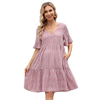 Maternity Mini Dress Womens Casual Babydoll Dress Ruffle Short Sleeve Floral Printed Flowy