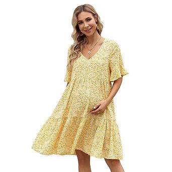 Maternity Mini Dress Womens Casual Babydoll Dress Ruffle Short Sleeve Floral Printed Flowy