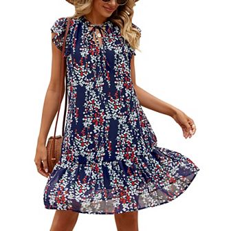 Women's Babydoll Mini Dress Summer V Neck Flutter Sleeve Boho Floral Flowy Shift Short Dress