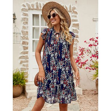 Women's Babydoll Mini Dress Summer V Neck Flutter Sleeve Boho Floral Flowy Shift Short Dress