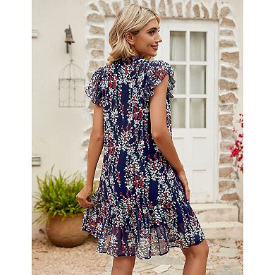Women's Babydoll Mini Dress Summer V Neck Flutter Sleeve Boho Floral Flowy Shift Short Dress