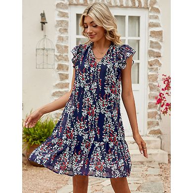 Women's Babydoll Mini Dress Summer V Neck Flutter Sleeve Boho Floral Flowy Shift Short Dress