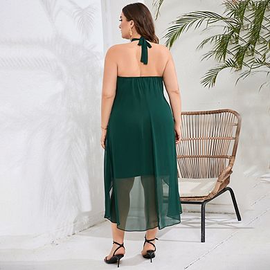 Plus Size Halter Neck Sleeveless Cocktail Dress Sequin Tulle Wedding Guest Party Midi Dresses