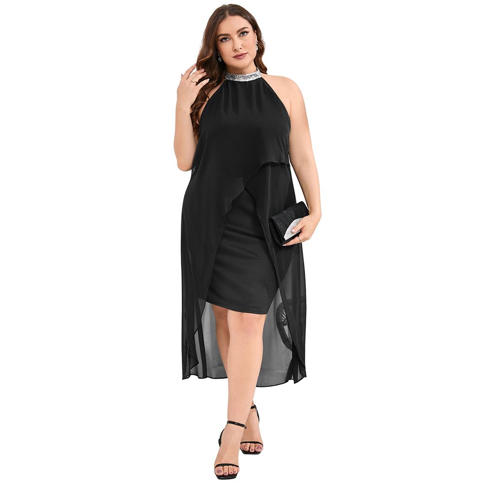 Plus Size Halter Neck Sleeveless Cocktail Dress Sequin Tulle Wedding Guest  Party Midi Dresses
