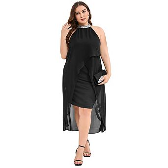 Plus Size Halter Neck Sleeveless Cocktail Dress Sequin Tulle Wedding Guest Party Midi Dresses