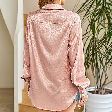 Leopard Stain Button Down Shirts for Women Roll Up Long Sleeve V Neck Casual Work Shirts