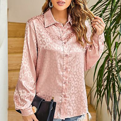 Leopard Stain Button Down Shirts for Women Roll Up Long Sleeve V Neck Casual Work Shirts