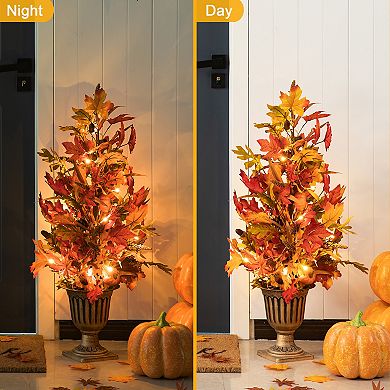 Glitzhome 36”h Fall Lighted Artificial Maple Leaves Urn Potted Porch Tree With Timer