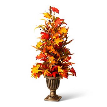 Glitzhome 3FT Fall Lighted Artificial Maple Leaves Urn Potted Porch Tree With Timer
