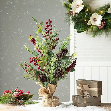 Glitzhome 20”H Christmas Pine Cone Floral Table Tree, Berries Pine Needle Tree Table Centerpiece