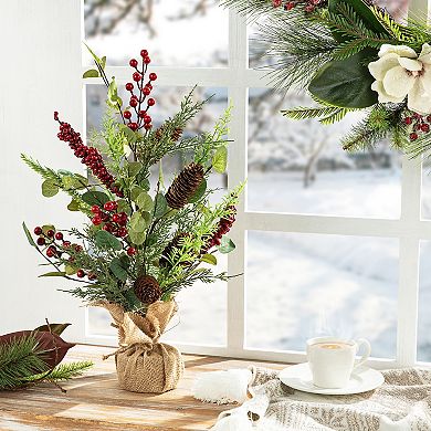 Glitzhome 20”H Christmas Pine Cone Floral Table Tree, Berries Pine Needle Tree Table Centerpiece