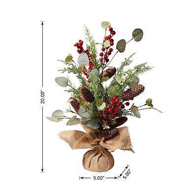 Glitzhome 20”H Christmas Pine Cone Floral Table Tree, Berries Pine Needle Tree Table Centerpiece
