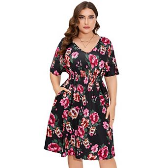 Women's Plus Size Midi Dress Summer Floral Print Ruffle Flowy Dress