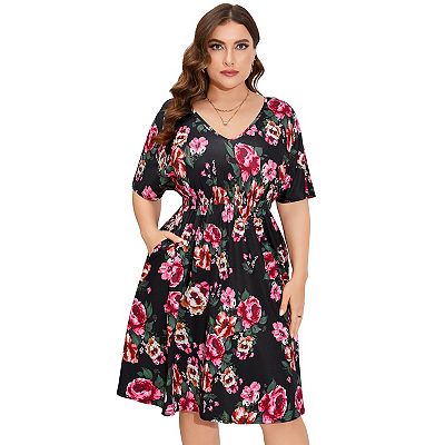 Women's Plus Size Midi Dress Summer Floral Print Ruffle Flowy Dress