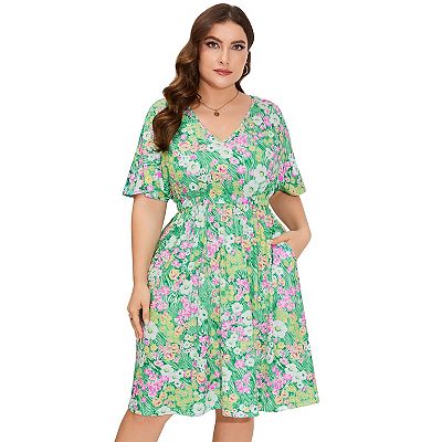 Women s Plus Size Midi Dress Summer Floral Print Ruffle Flowy Dress