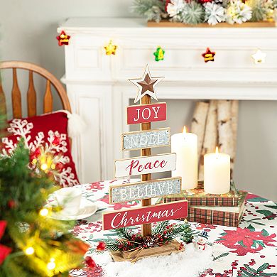 Glitzhome 20 Inch Wooden Christmas Tree Table Decor, Farmhouse Xmas Table Tree with Berries
