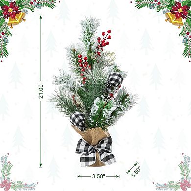 Glitzhome 21"H Christmas Flocked Pine Berries Table Tree, Rustic Table Centerpiece for Christmas