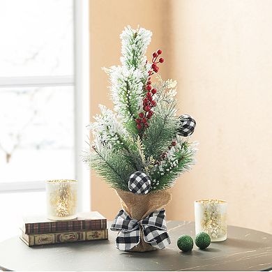 Glitzhome 21"H Christmas Flocked Pine Berries Table Tree, Rustic Table Centerpiece for Christmas