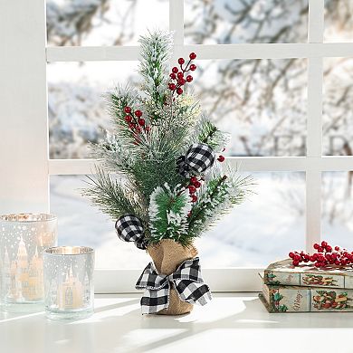Glitzhome 21"H Christmas Flocked Pine Berries Table Tree, Rustic Table Centerpiece for Christmas