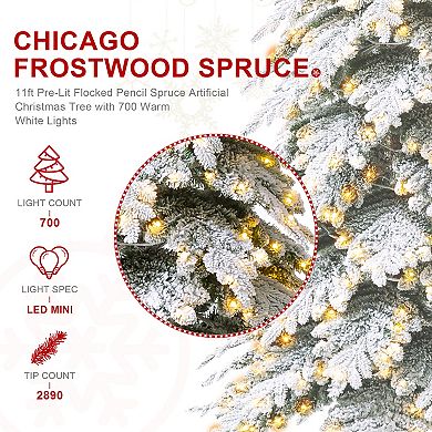 Glitzhome 11ft Pre-lit Flocked Pencil Spruce Artificial Christmas Tree With 700 Warm White Lights