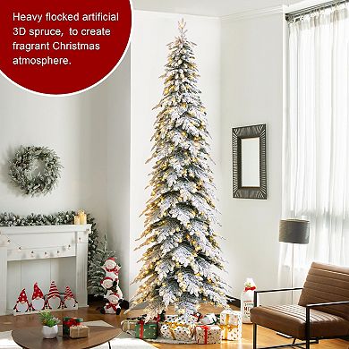 Glitzhome 11ft Pre-lit Flocked Pencil Spruce Artificial Christmas Tree With 700 Warm White Lights
