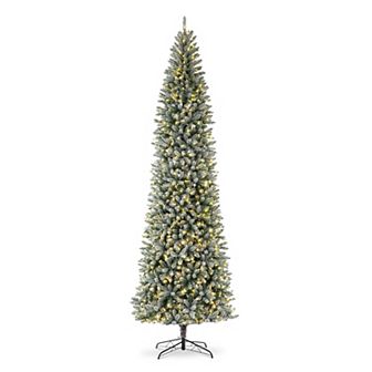 Glitzhome 11ft Pre-Lit Artificial Christmas Tree, Flocked Pencil Fir Faux Tree