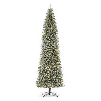 Glitzhome 11ft Pre-Lit Artificial Christmas Tree, Flocked Pencil Fir Faux Tree