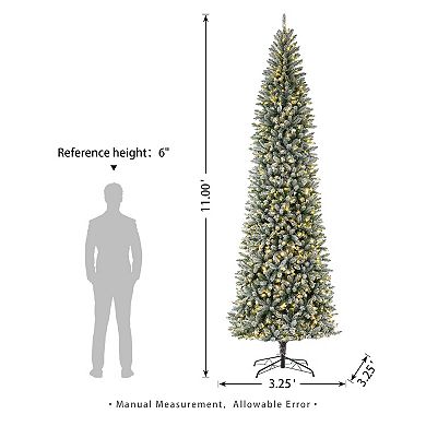 Glitzhome 11ft Pre-Lit Artificial Christmas Tree, Flocked Pencil Fir Faux Tree