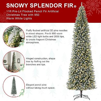 Glitzhome 11ft Pre-Lit Artificial Christmas Tree, Flocked Pencil Fir Faux Tree