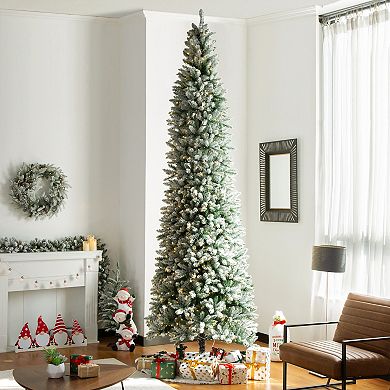 Glitzhome 11ft Pre-Lit Artificial Christmas Tree, Flocked Pencil Fir Faux Tree