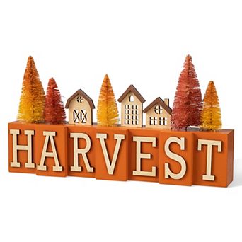 Glitzhome 14"L Harvest House & Brush Trees Table Decor, Wooden Tabletop Decoration for Fall Harvest