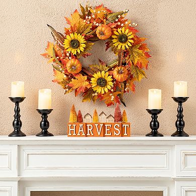 Glitzhome 14"L Harvest House & Brush Trees Table Decor, Wooden Tabletop Decoration for Fall Harvest