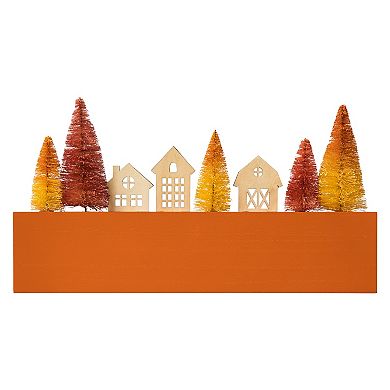 Glitzhome 14"L Harvest House & Brush Trees Table Decor, Wooden Tabletop Decoration for Fall Harvest