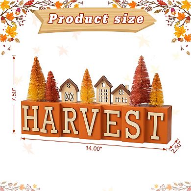 Glitzhome 14"L Harvest House & Brush Trees Table Decor, Wooden Tabletop Decoration for Fall Harvest